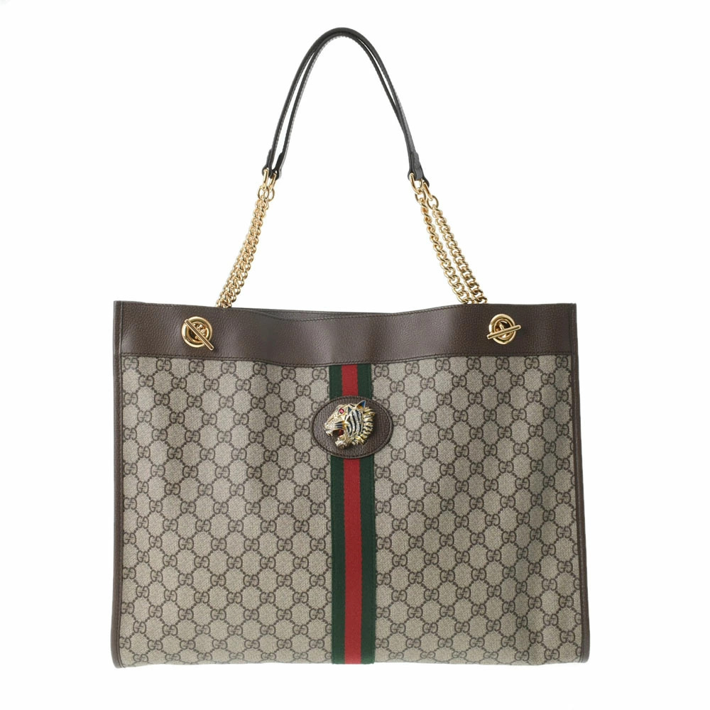 GUCCI Tiger Head Raja Chain Tote Brown GG Supreme Canvas Leather Bag